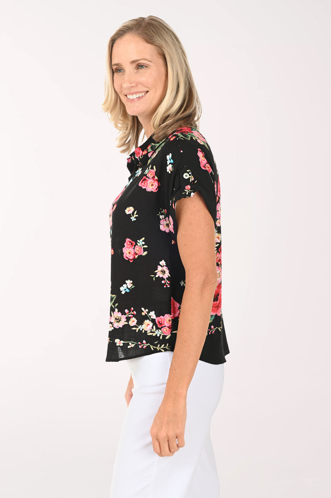 Black Floral Short Rolled Sleeve Shirt