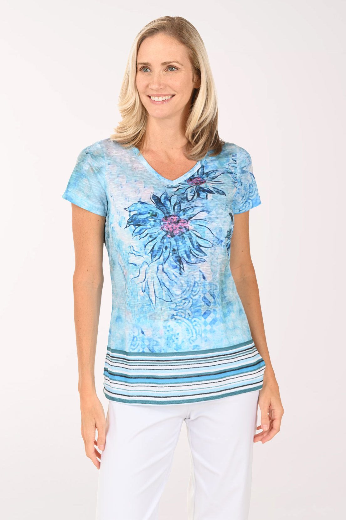 Striped Daisies V-Neck Tee