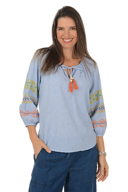 Rising Sun Embroidery Pinstriped Cotton Blouse