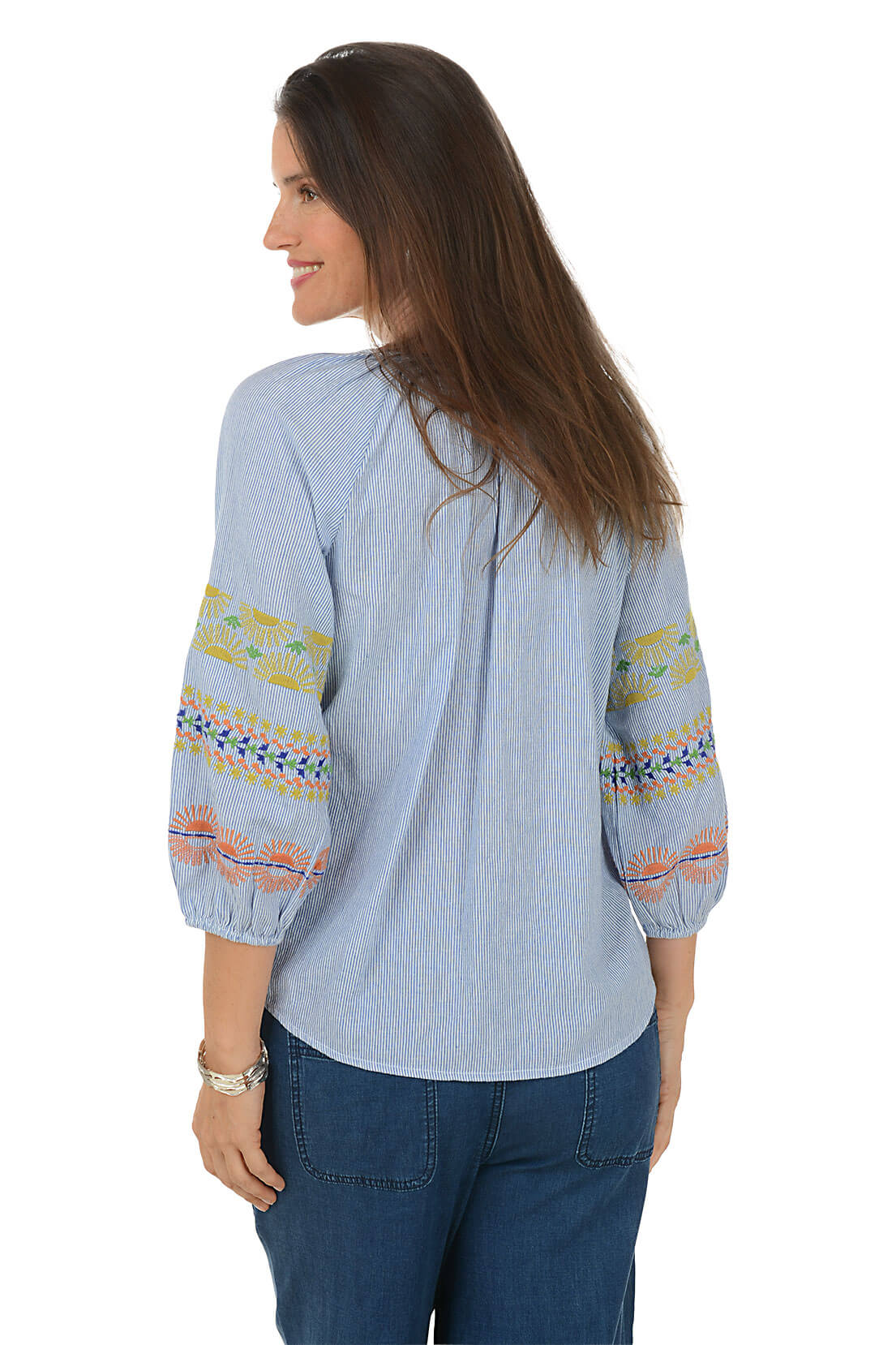 Rising Sun Embroidery Pinstriped Cotton Blouse