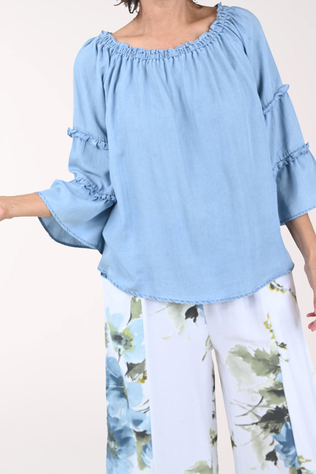 Chambray Tencel Ruffled Bell Sleeve Blouse