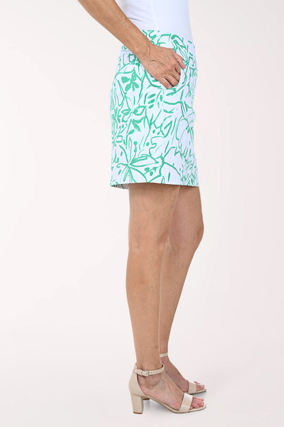 Green Painted Floral Pull-On Stretch Skort