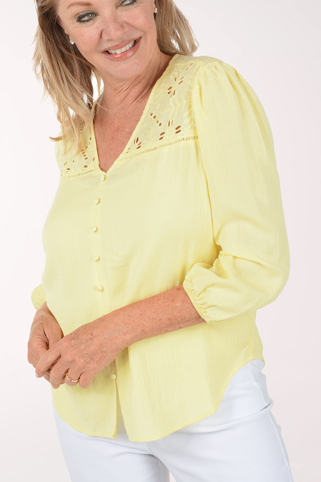 Solid Crepe Button Front Peasant Blouse