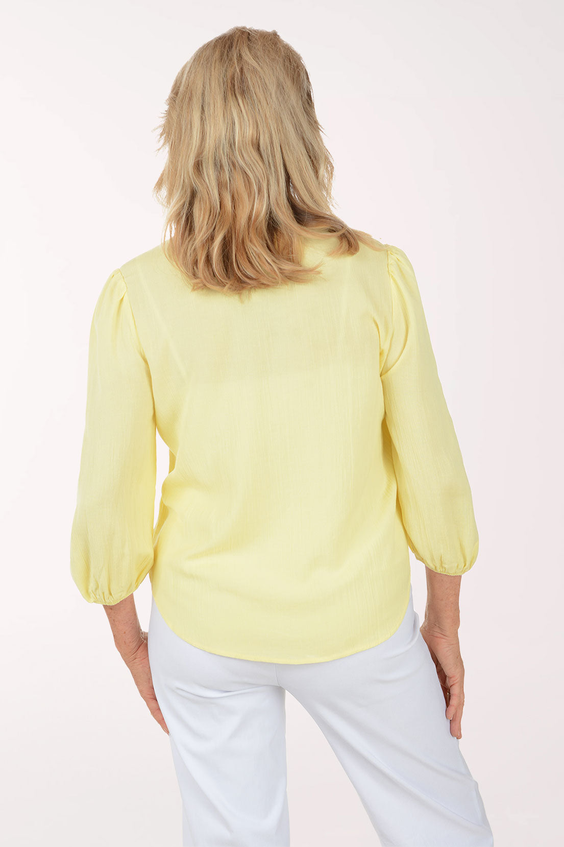 Solid Crepe Button Front Peasant Blouse