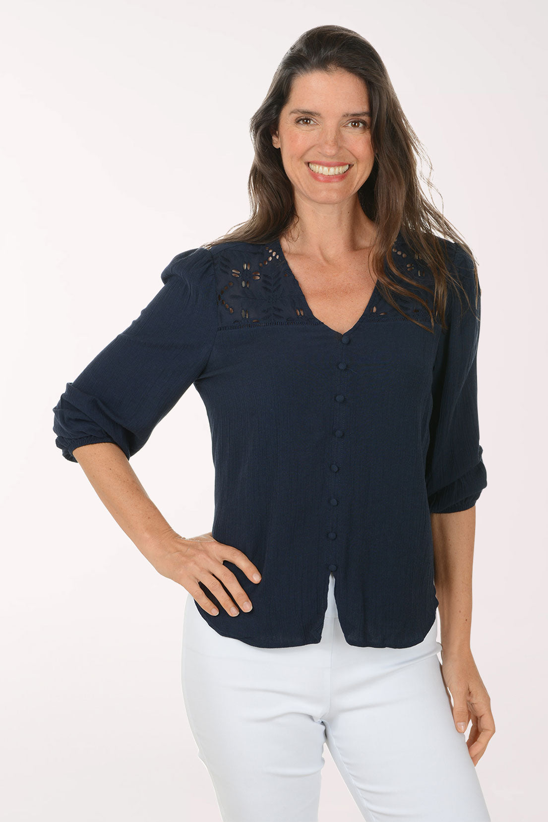 Solid Crepe Button Front Peasant Blouse