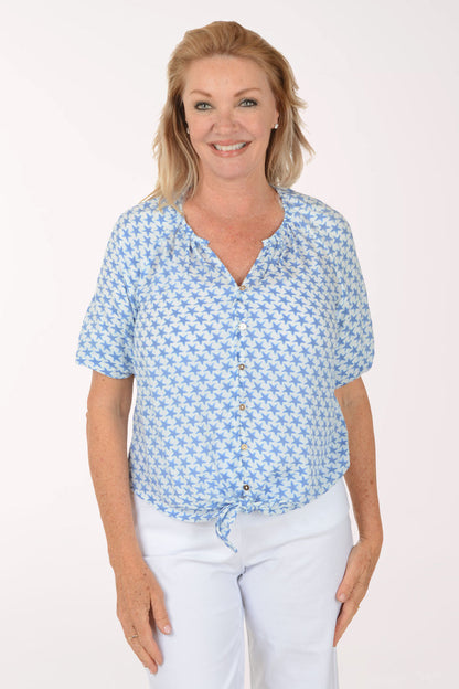 Blue Stars Puffed Sleeve Tie-Front Shirt