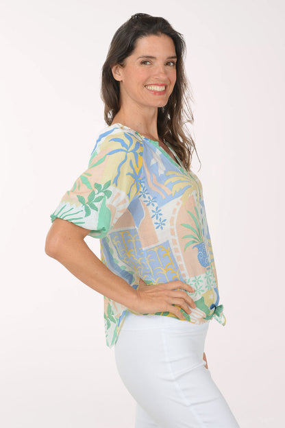 Seagulls Puffed Sleeve Tie-Front Shirt