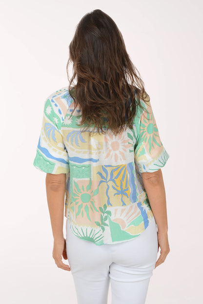Seagulls Puffed Sleeve Tie-Front Shirt