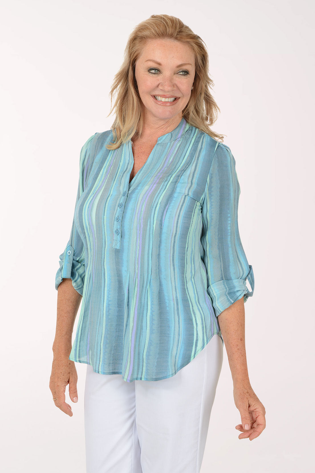 Aruba Blue Stripe Pleated Roll Sleeve Blouse