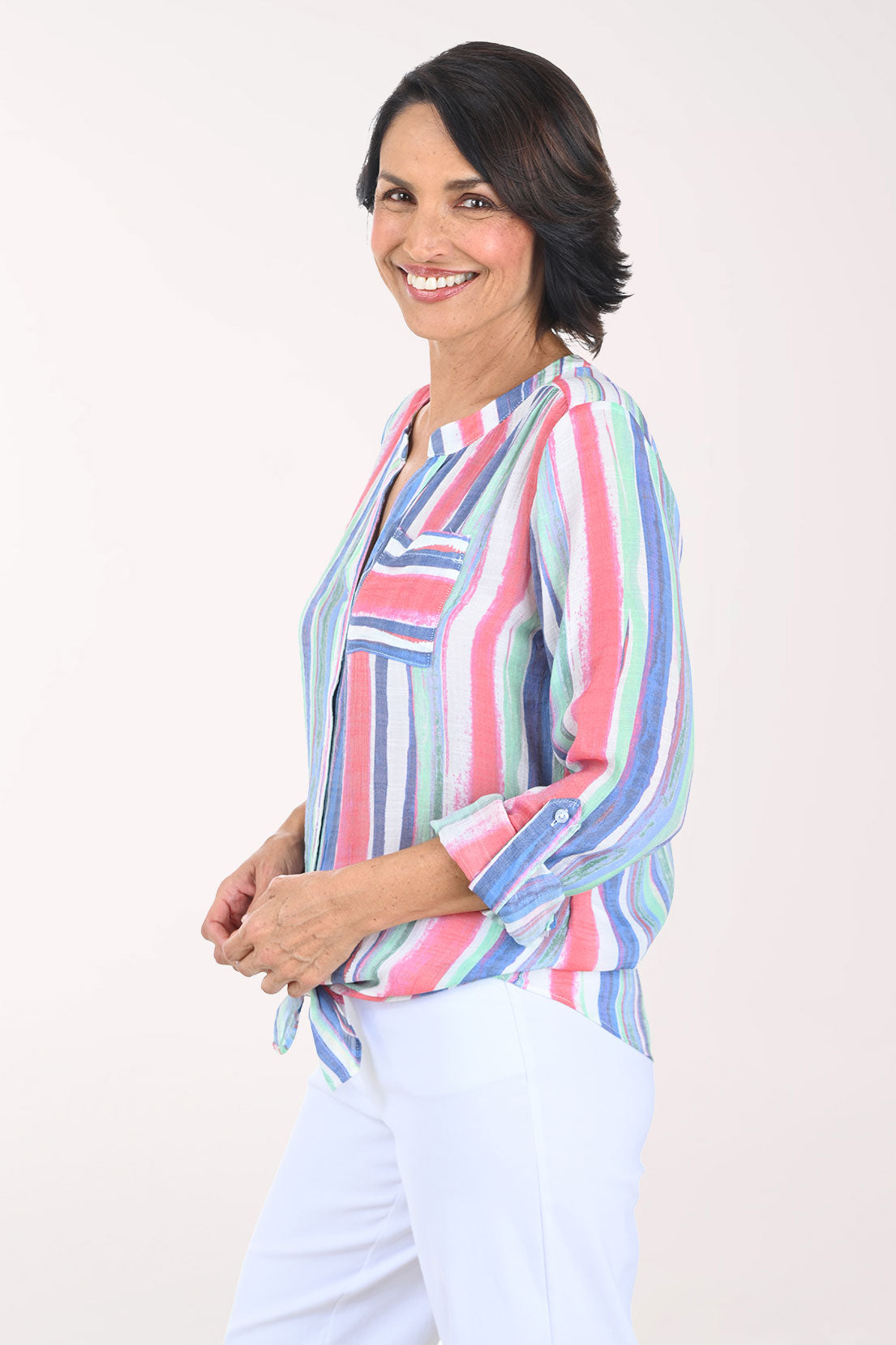 Bright Stripes Button-Front Blouse