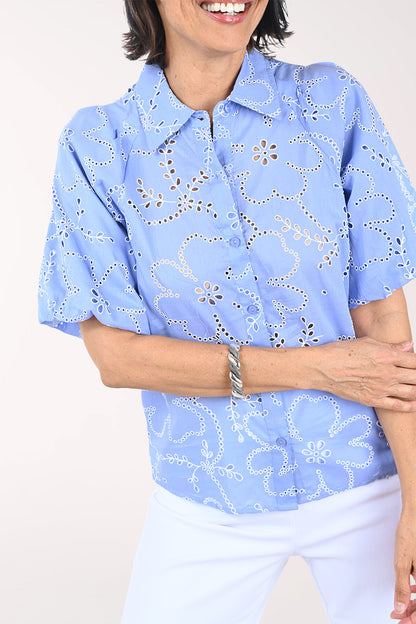 Periwinkle Floral Eyelet Puffed Sleeve Shirt