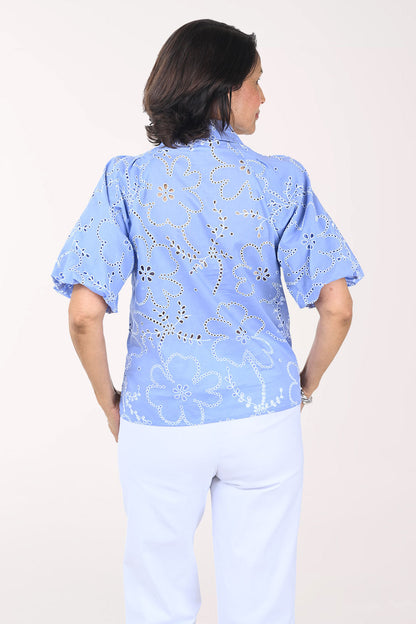 Periwinkle Floral Eyelet Puffed Sleeve Shirt