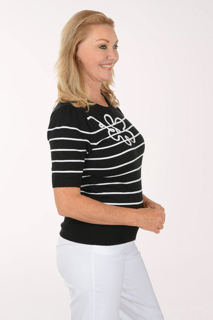 Black Looping Floral Striped Short Sleeve Sweater