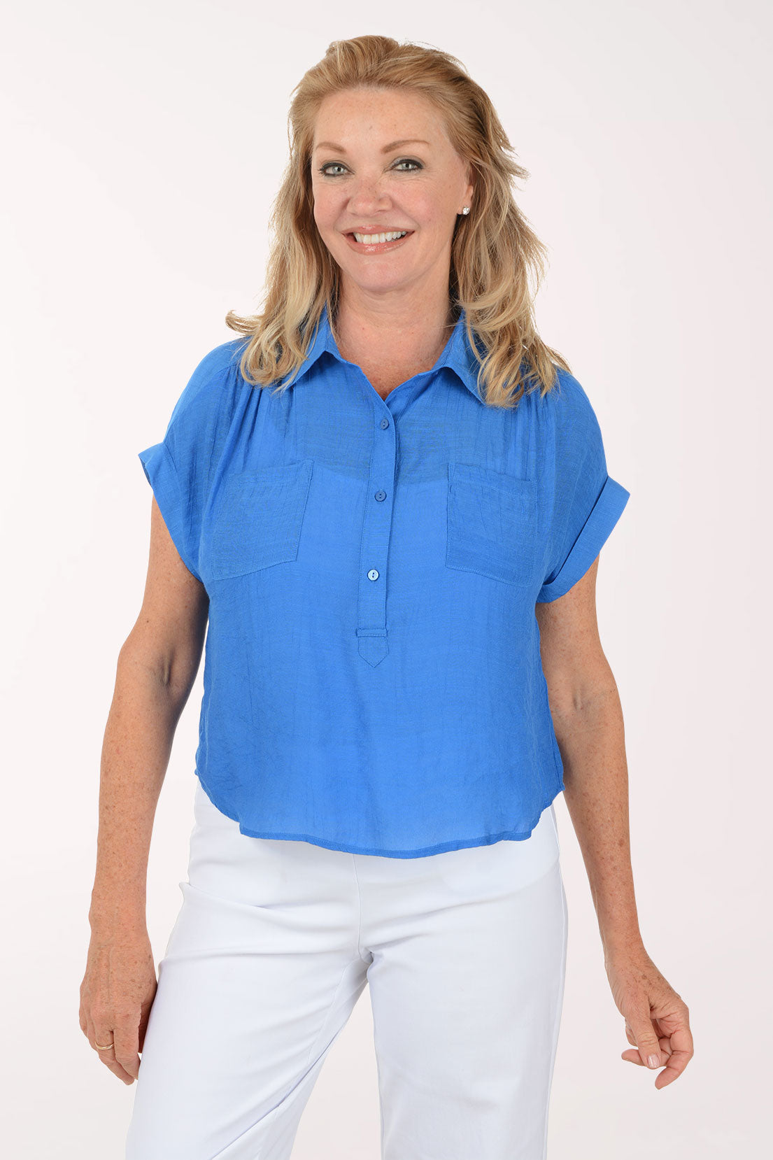Solid Cuffed Short Sleeve Blouse