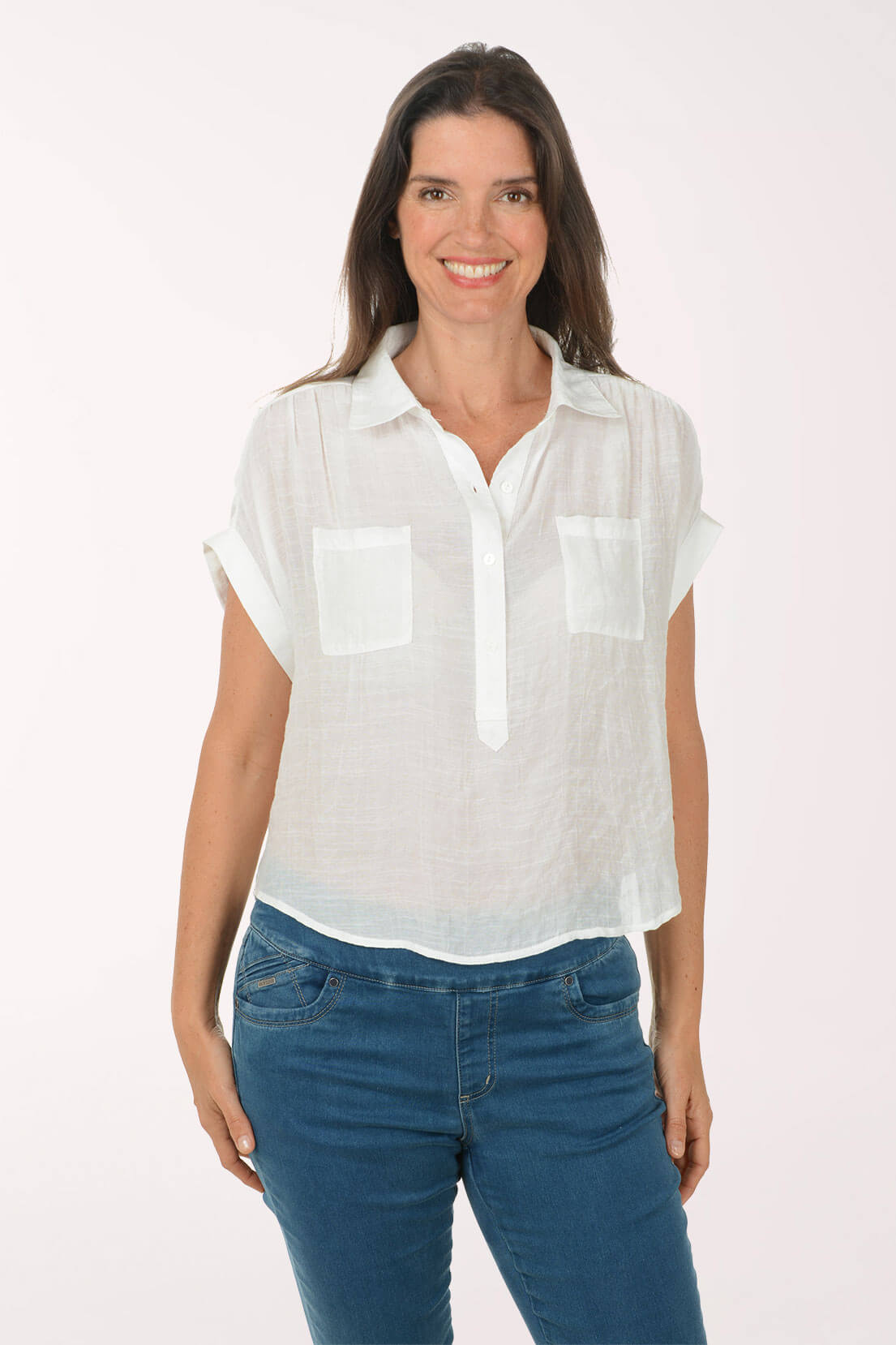 Solid Cuffed Short Sleeve Blouse