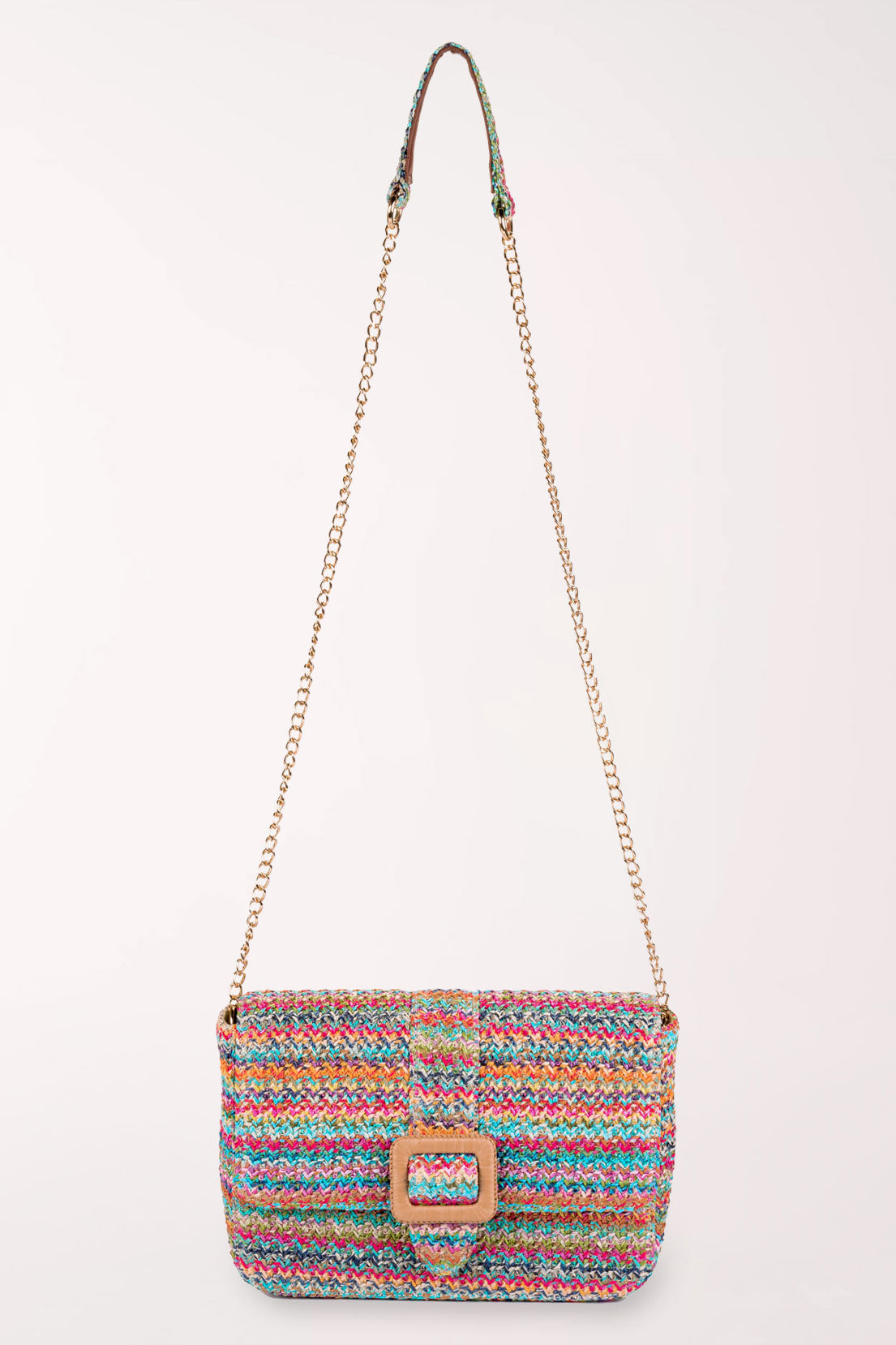 Multicolor Straw Snap Buckle Crossbody Bag